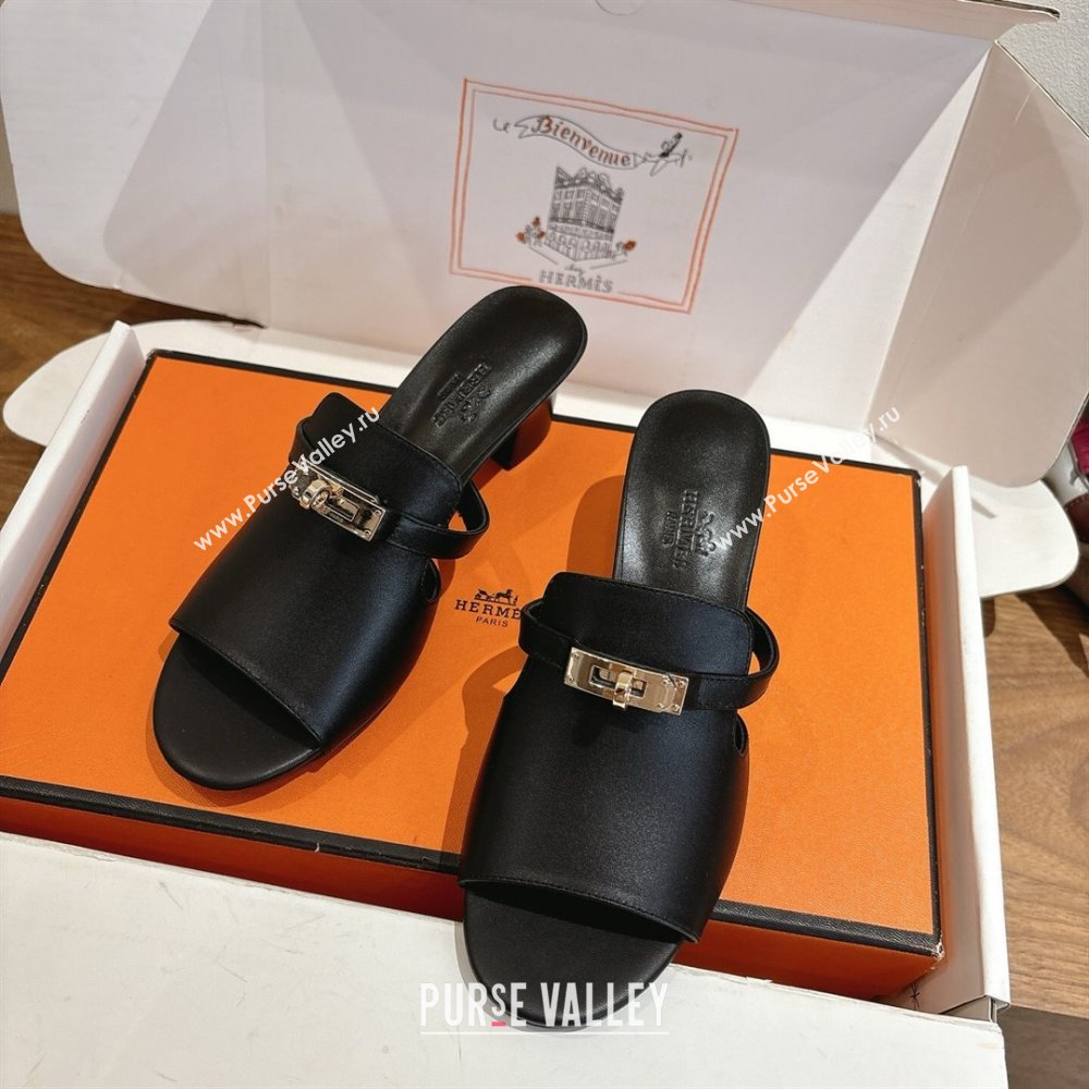 Hermes Kelly Strap Low Heel Slides Sandal in Calfskin Leather Black2 2025 HS122201 (XC-251222115)