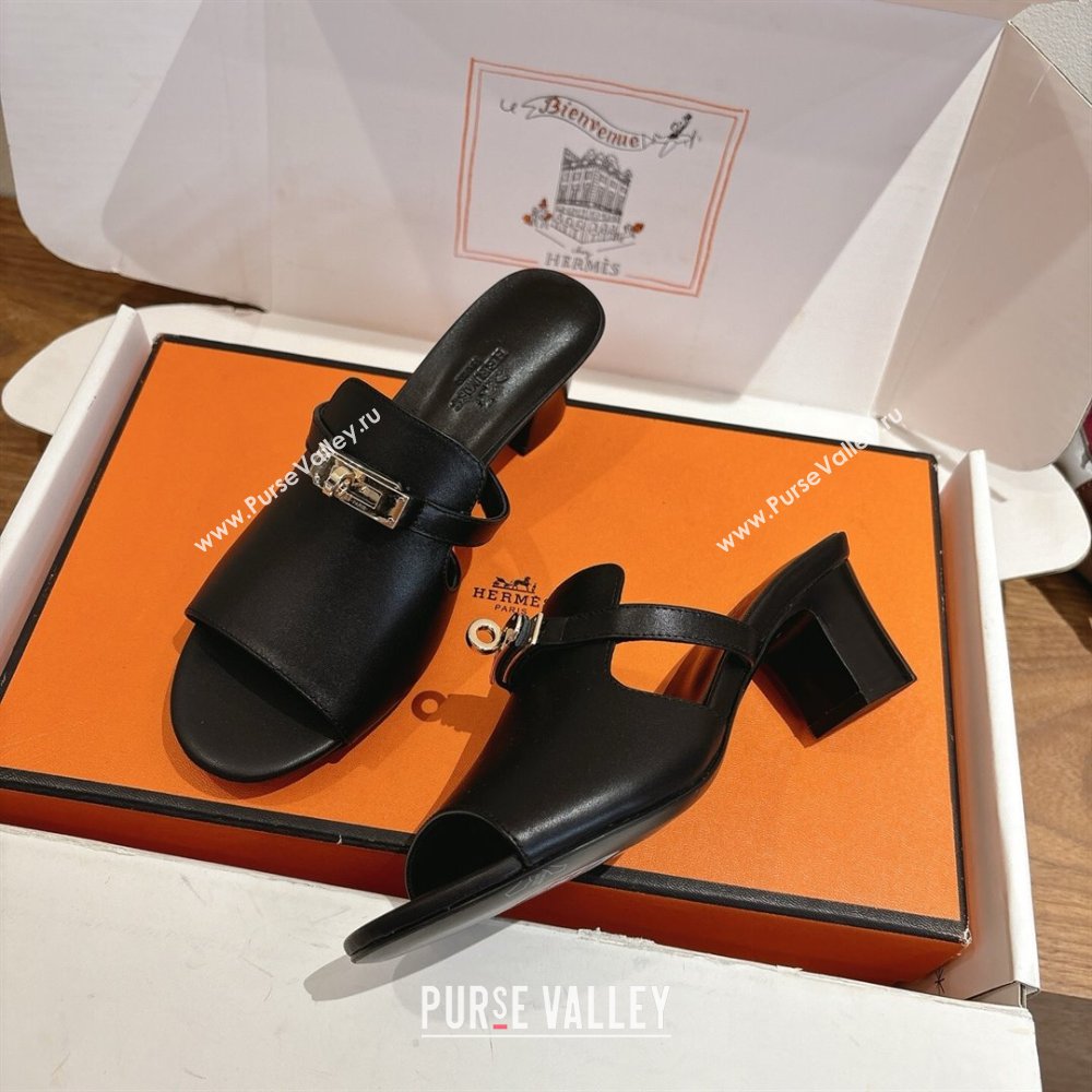 Hermes Kelly Strap Low Heel Slides Sandal in Calfskin Leather Black2 2025 HS122201 (XC-251222115)