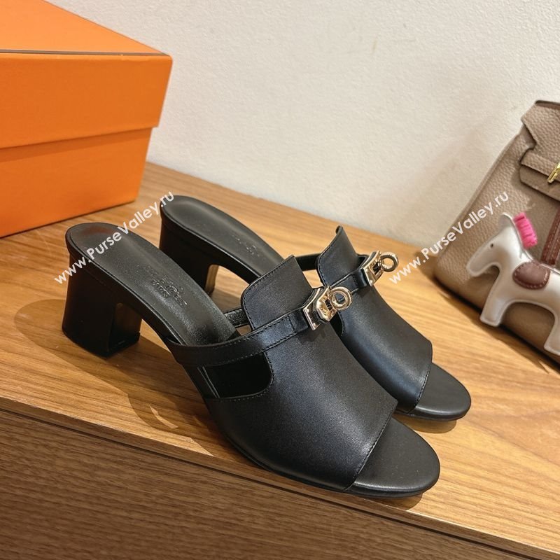 Hermes Kelly Strap Low Heel Slides Sandal in Calfskin Leather Black2 2025 HS122201 (XC-251222115)