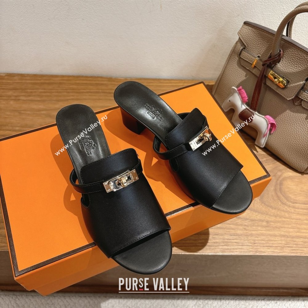 Hermes Kelly Strap Low Heel Slides Sandal in Calfskin Leather Black2 2025 HS122201 (XC-251222115)