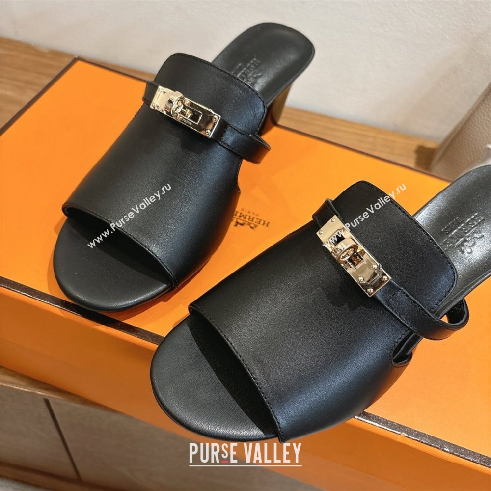 Hermes Kelly Strap Low Heel Slides Sandal in Calfskin Leather Black2 2025 HS122201 (XC-251222115)
