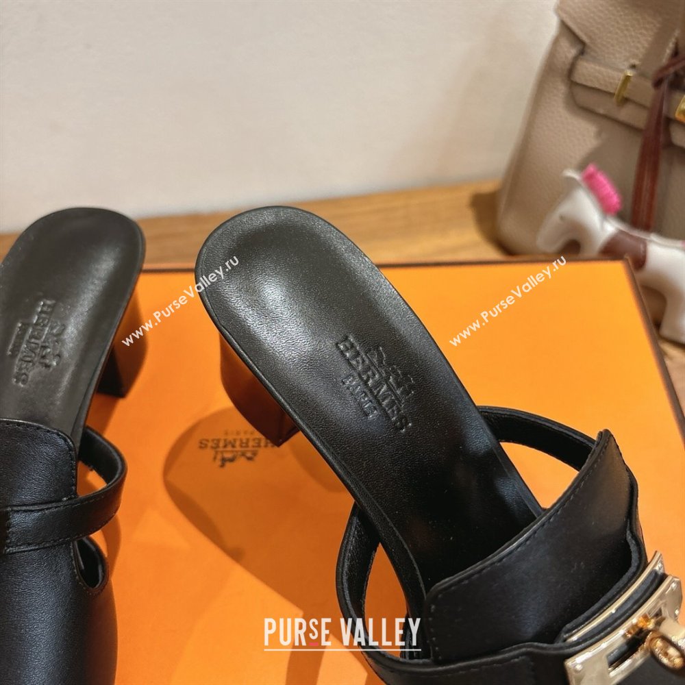 Hermes Kelly Strap Low Heel Slides Sandal in Calfskin Leather Black2 2025 HS122201 (XC-251222115)