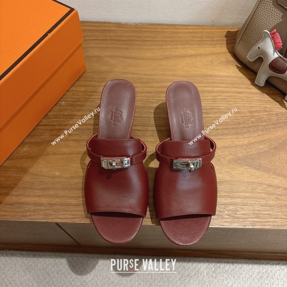 Hermes Kelly Strap Low Heel Slides Sandal in Calfskin Leather Dark Burgundy 2025 HS122201 (XC-251222116)