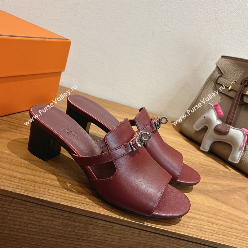 Hermes Kelly Strap Low Heel Slides Sandal in Calfskin Leather Dark Burgundy 2025 HS122201 (XC-251222116)