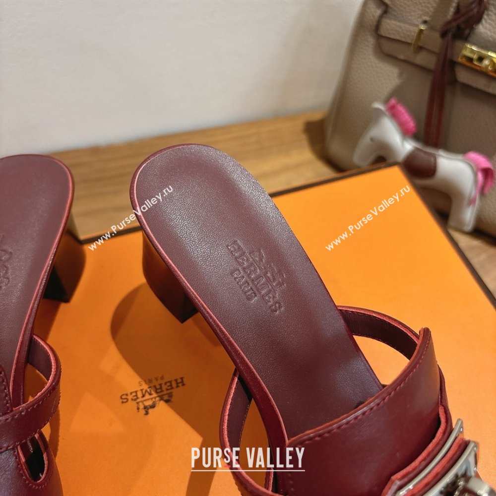 Hermes Kelly Strap Low Heel Slides Sandal in Calfskin Leather Dark Burgundy 2025 HS122201 (XC-251222116)