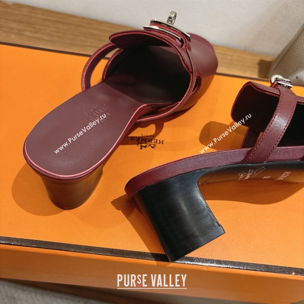 Hermes Kelly Strap Low Heel Slides Sandal in Calfskin Leather Dark Burgundy 2025 HS122201 (XC-251222116)
