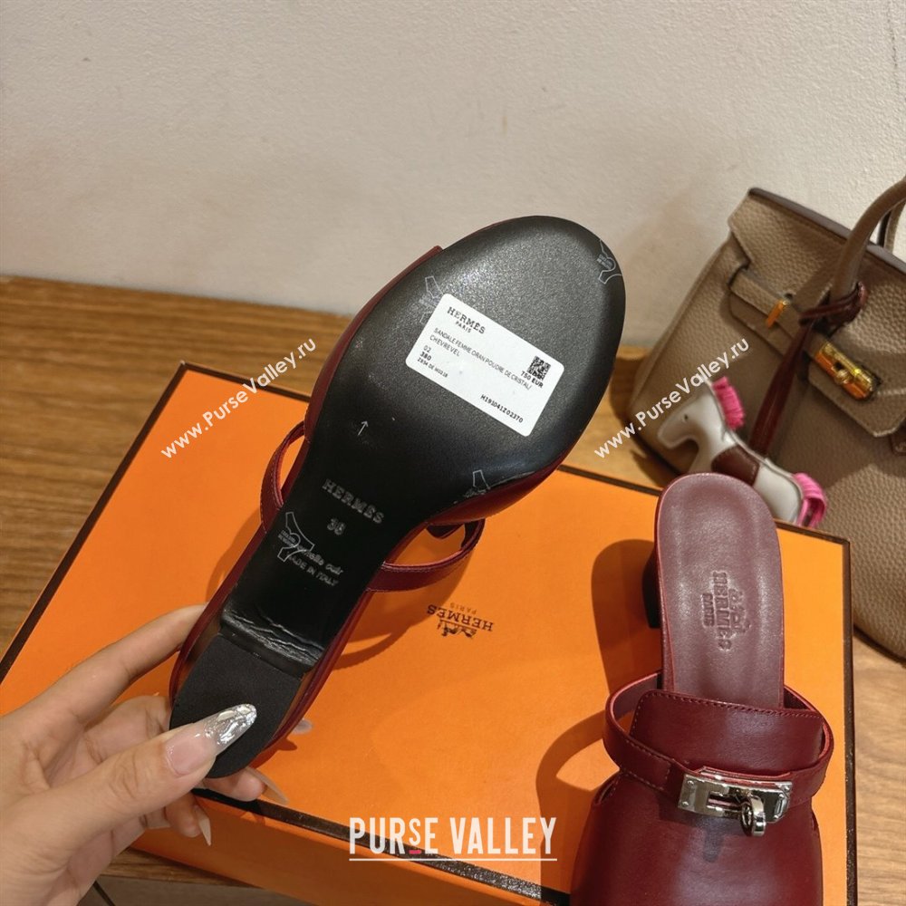 Hermes Kelly Strap Low Heel Slides Sandal in Calfskin Leather Dark Burgundy 2025 HS122201 (XC-251222116)