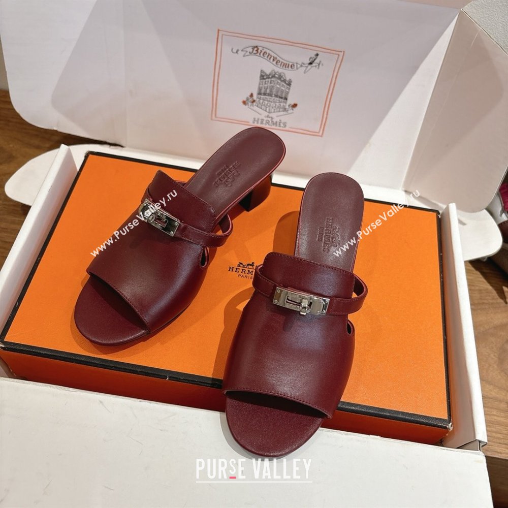 Hermes Kelly Strap Low Heel Slides Sandal in Calfskin Leather Dark Burgundy 2025 HS122201 (XC-251222116)