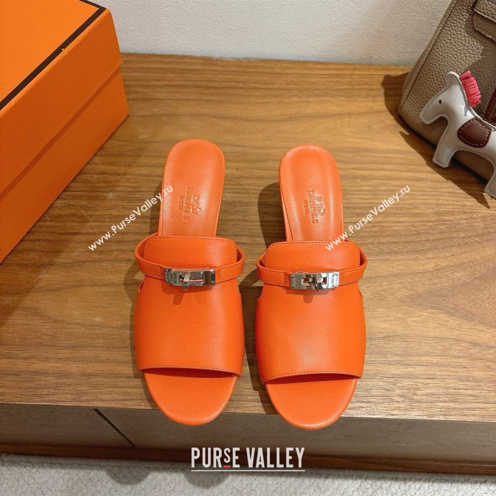 Hermes Kelly Strap Low Heel Slides Sandal in Calfskin Leather Orange2 2025 HS122201 (XC-251222119)