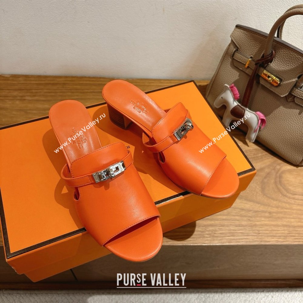 Hermes Kelly Strap Low Heel Slides Sandal in Calfskin Leather Orange2 2025 HS122201 (XC-251222119)