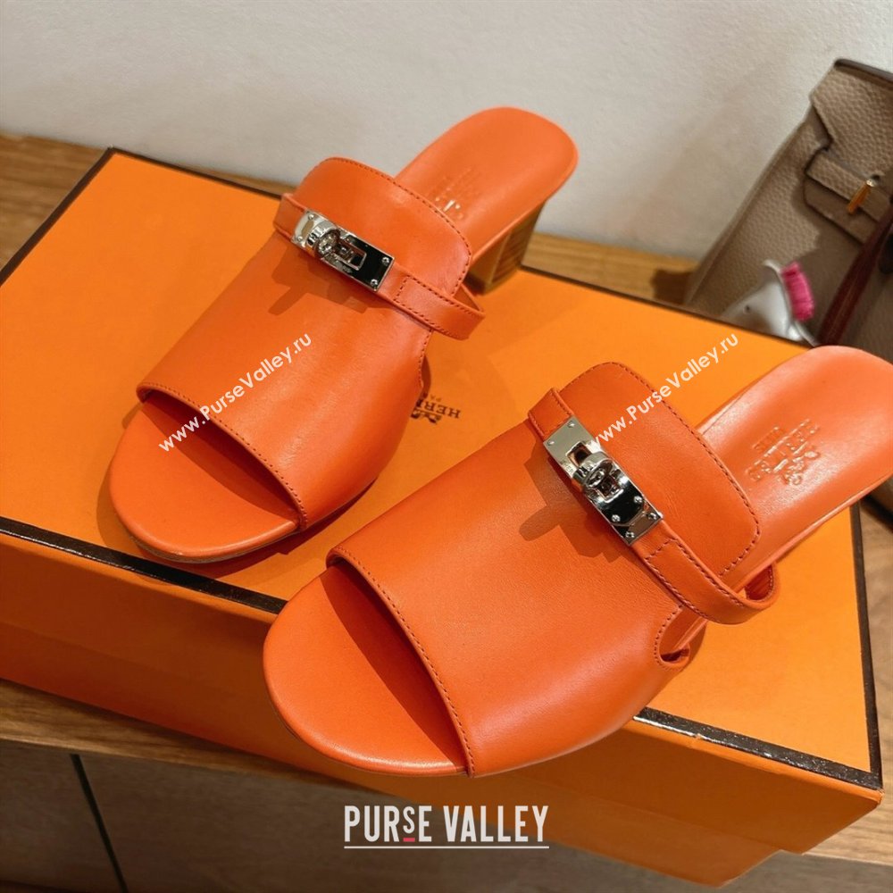 Hermes Kelly Strap Low Heel Slides Sandal in Calfskin Leather Orange2 2025 HS122201 (XC-251222119)