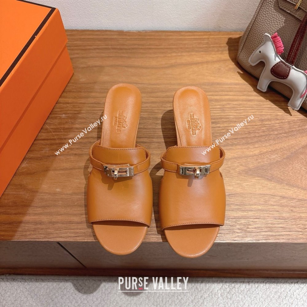 Hermes Kelly Strap Low Heel Slides Sandal in Calfskin Leather Brown2 2025 HS122201 (XC-251222120)
