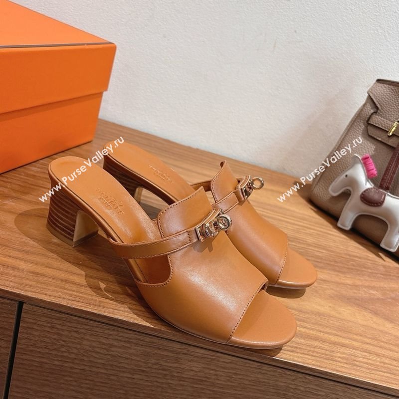 Hermes Kelly Strap Low Heel Slides Sandal in Calfskin Leather Brown2 2025 HS122201 (XC-251222120)