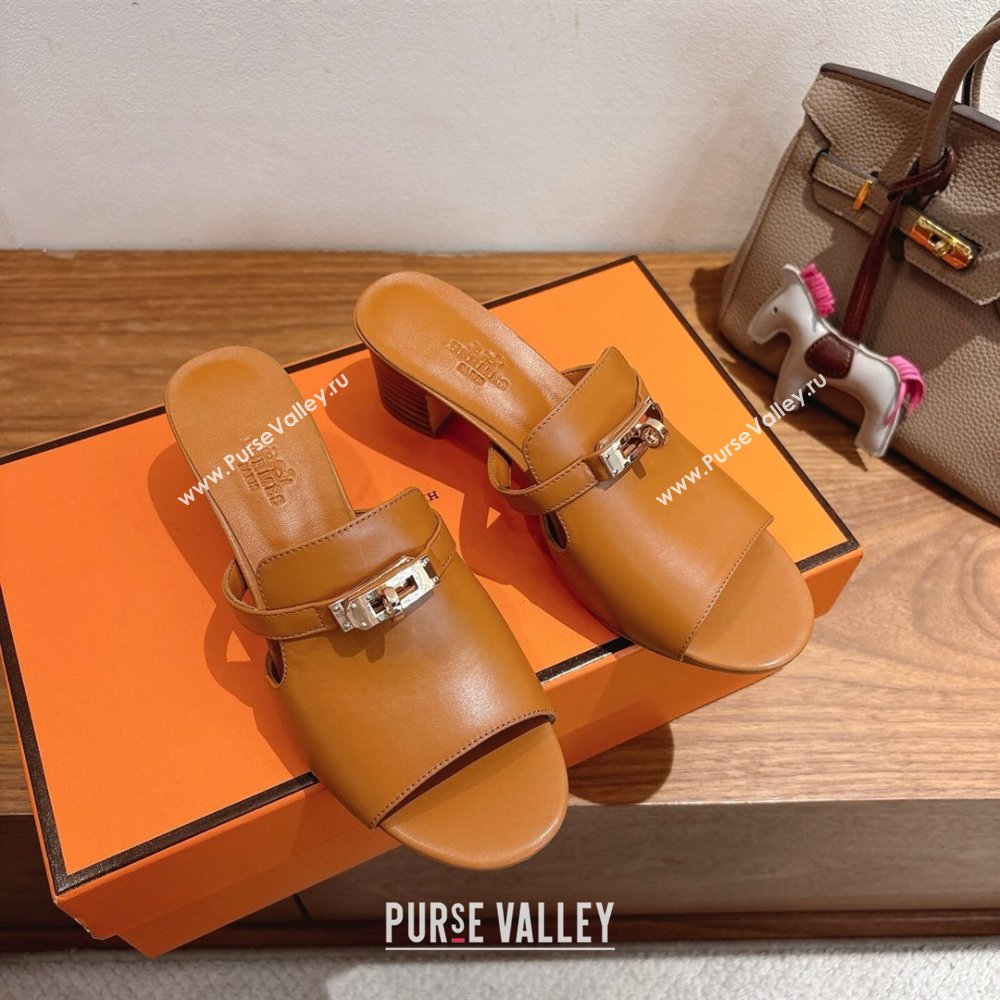 Hermes Kelly Strap Low Heel Slides Sandal in Calfskin Leather Brown2 2025 HS122201 (XC-251222120)