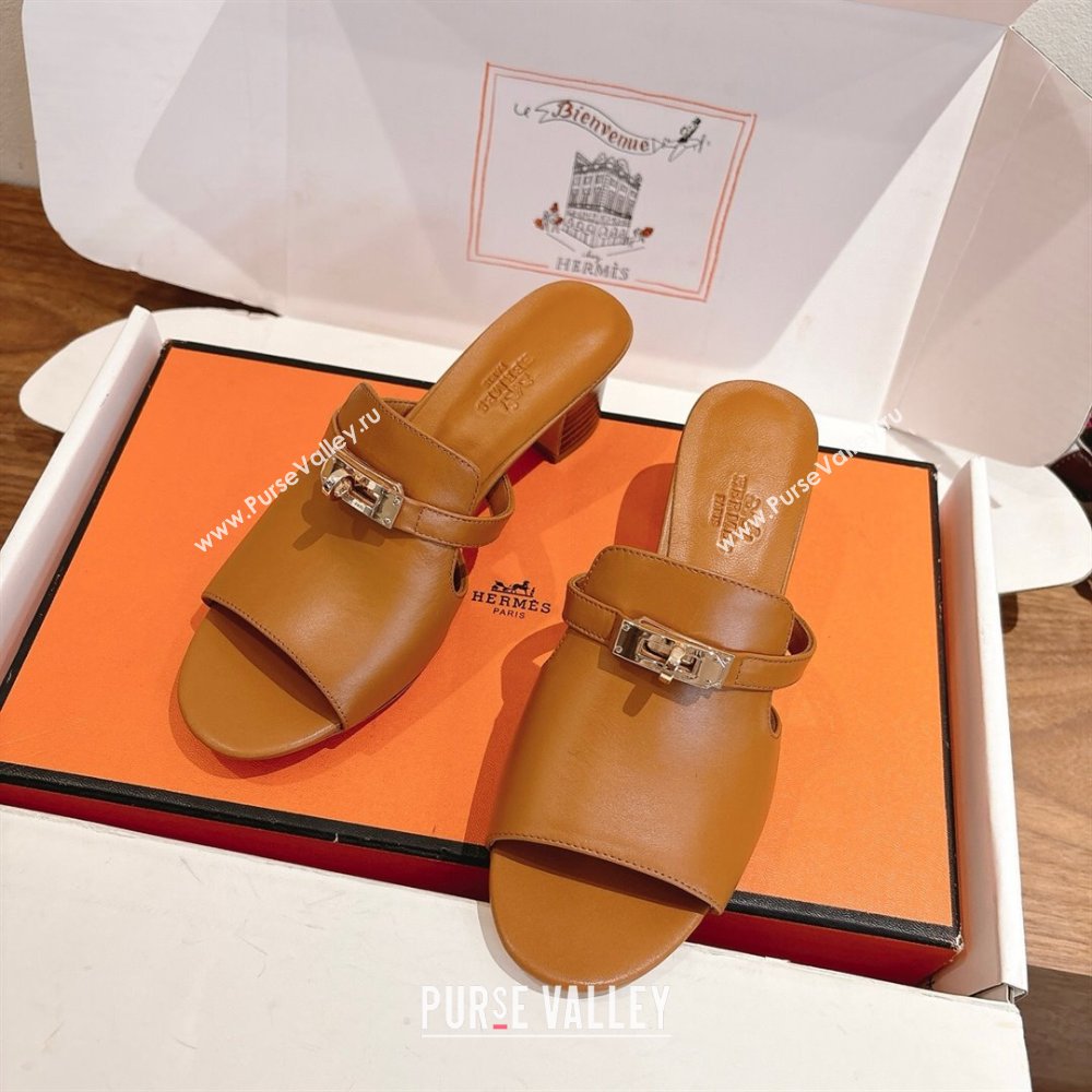 Hermes Kelly Strap Low Heel Slides Sandal in Calfskin Leather Brown2 2025 HS122201 (XC-251222120)