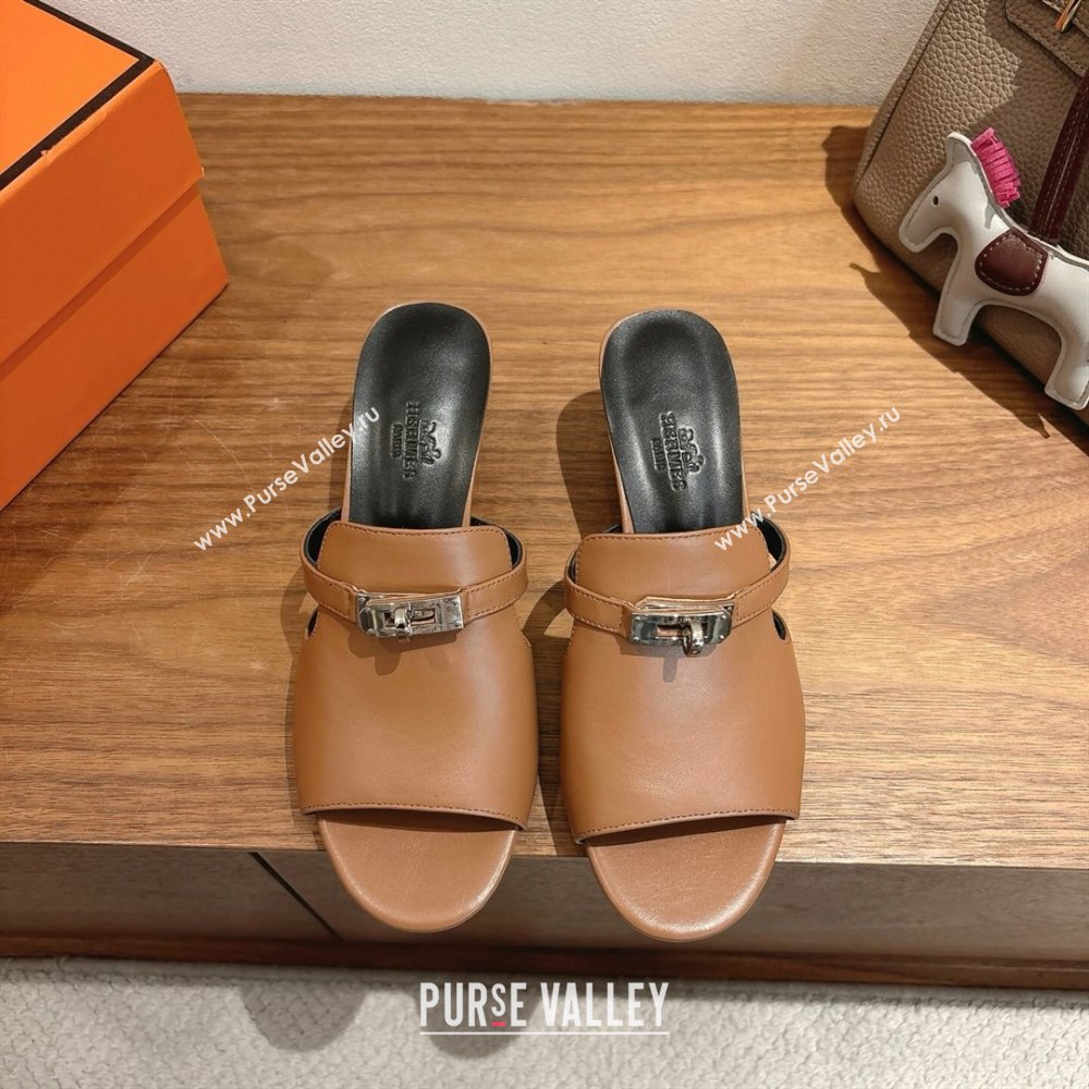 Hermes Kelly Strap Low Heel Slides Sandal in Calfskin Leather Brown/Black 2025 HS122201 (XC-251222121)