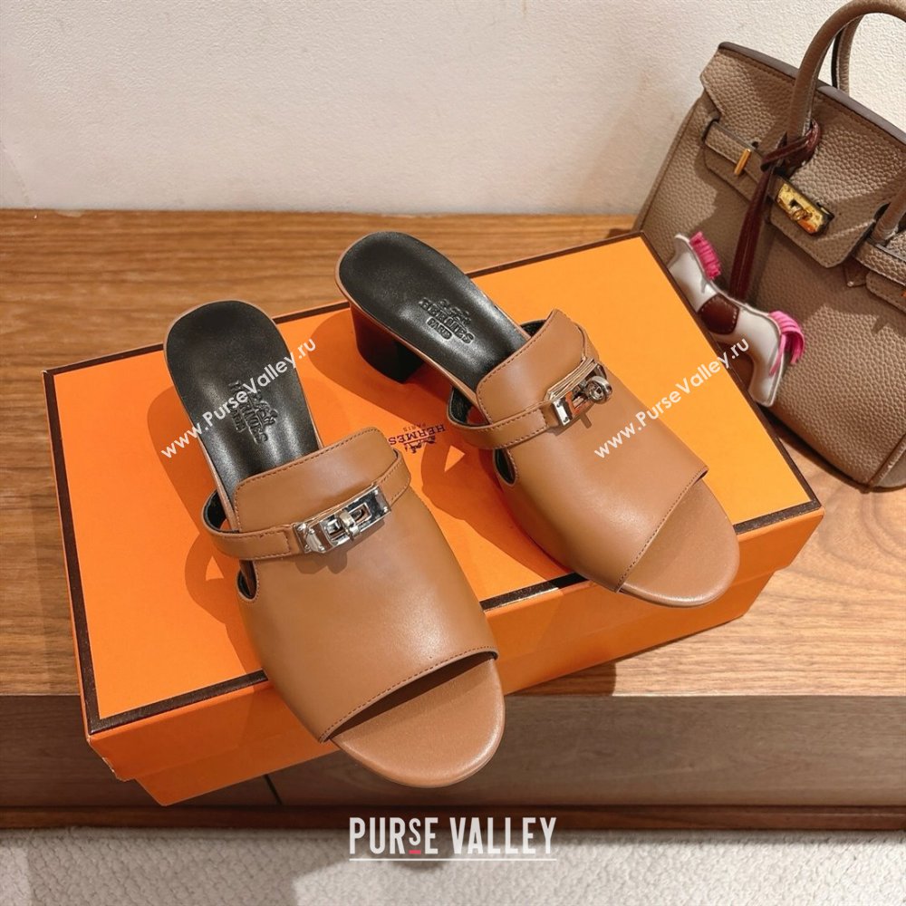 Hermes Kelly Strap Low Heel Slides Sandal in Calfskin Leather Brown/Black 2025 HS122201 (XC-251222121)