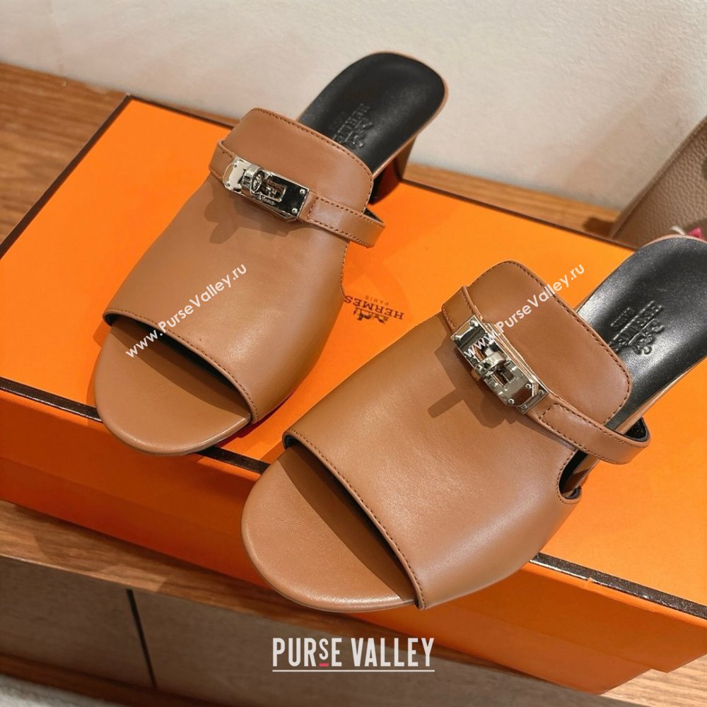 Hermes Kelly Strap Low Heel Slides Sandal in Calfskin Leather Brown/Black 2025 HS122201 (XC-251222121)