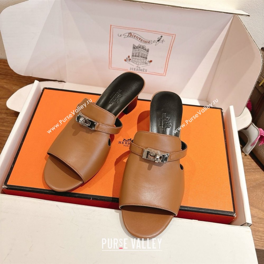 Hermes Kelly Strap Low Heel Slides Sandal in Calfskin Leather Brown/Black 2025 HS122201 (XC-251222121)