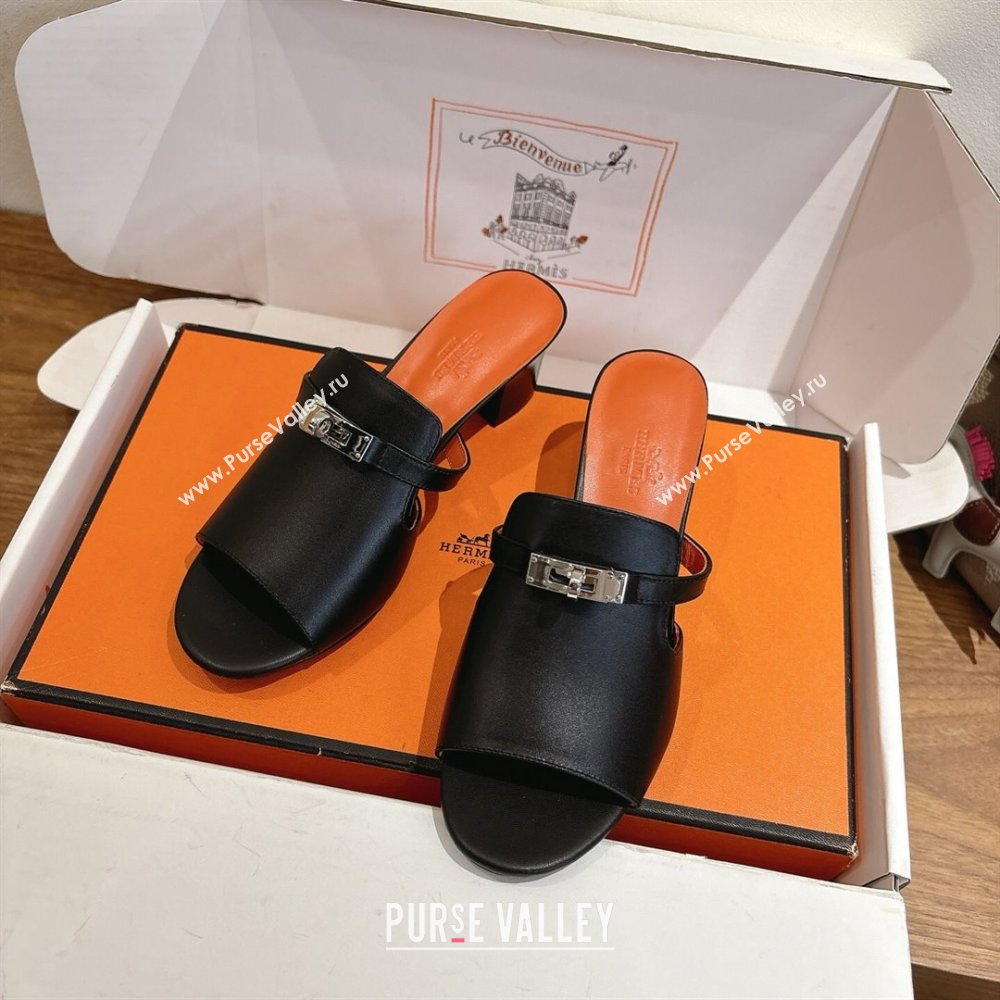 Hermes Kelly Strap Low Heel Slides Sandal in Calfskin Leather Black/Orange 2025 HS122201 (XC-251222122)
