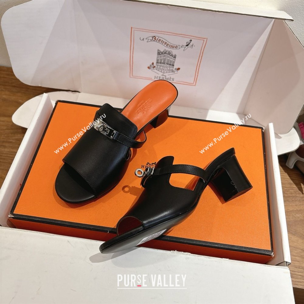 Hermes Kelly Strap Low Heel Slides Sandal in Calfskin Leather Black/Orange 2025 HS122201 (XC-251222122)