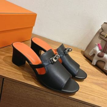 Hermes Kelly Strap Low Heel Slides Sandal in Calfskin Leather Black/Orange 2025 HS122201 (XC-251222122)