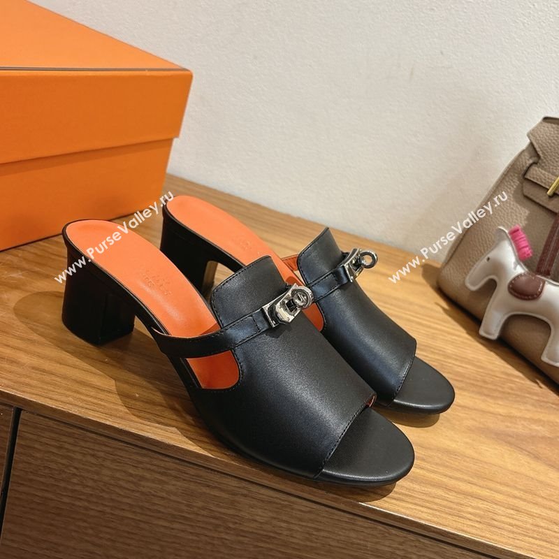 Hermes Kelly Strap Low Heel Slides Sandal in Calfskin Leather Black/Orange 2025 HS122201 (XC-251222122)