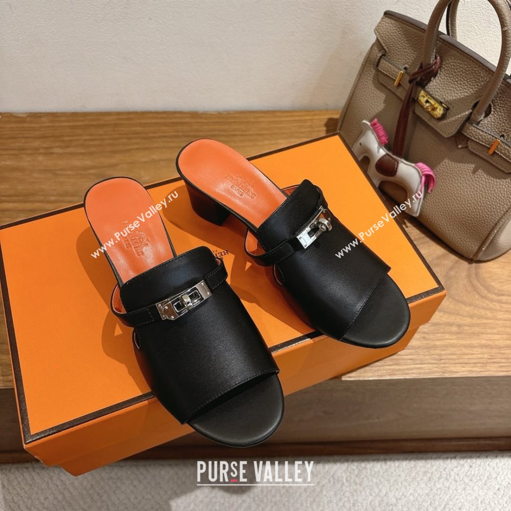 Hermes Kelly Strap Low Heel Slides Sandal in Calfskin Leather Black/Orange 2025 HS122201 (XC-251222122)
