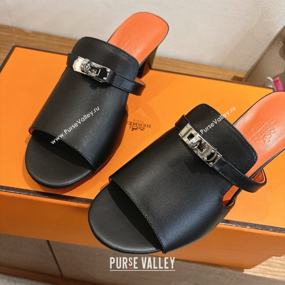 Hermes Kelly Strap Low Heel Slides Sandal in Calfskin Leather Black/Orange 2025 HS122201 (XC-251222122)