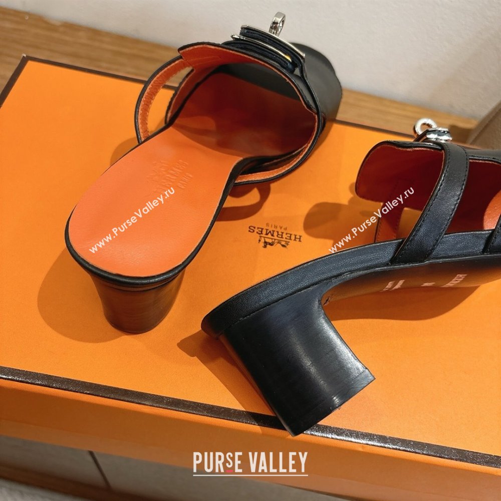 Hermes Kelly Strap Low Heel Slides Sandal in Calfskin Leather Black/Orange 2025 HS122201 (XC-251222122)