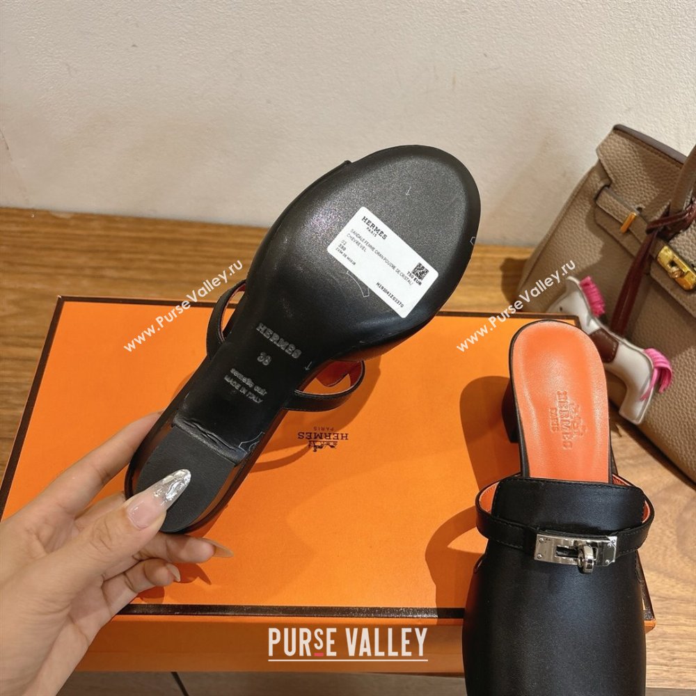 Hermes Kelly Strap Low Heel Slides Sandal in Calfskin Leather Black/Orange 2025 HS122201 (XC-251222122)