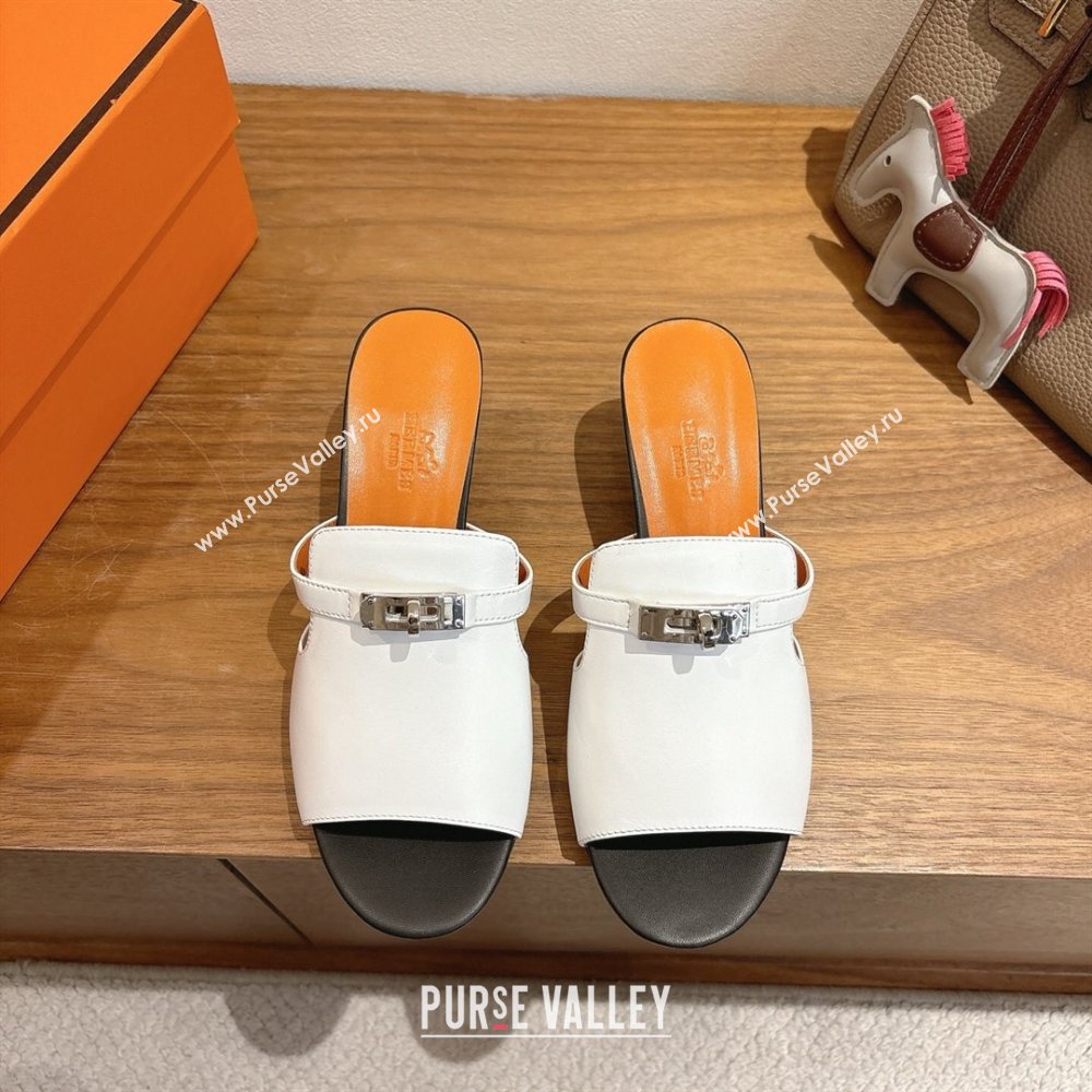 Hermes Kelly Strap Low Heel Slides Sandal in Calfskin Leather White/Orange 2025 HS122201 (XC-251222123)