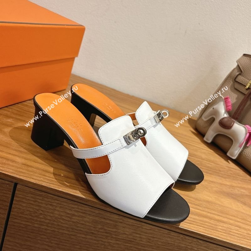 Hermes Kelly Strap Low Heel Slides Sandal in Calfskin Leather White/Orange 2025 HS122201 (XC-251222123)