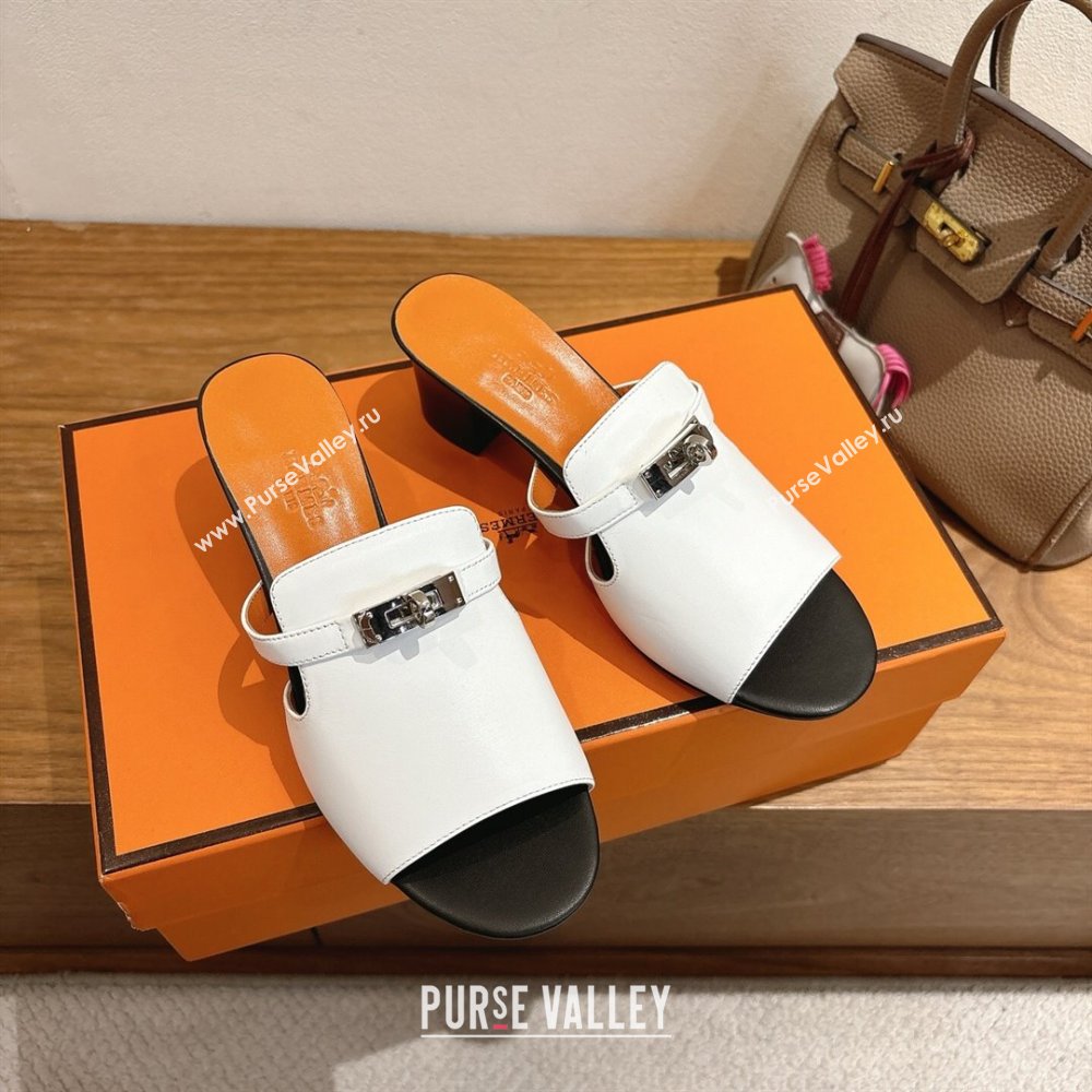 Hermes Kelly Strap Low Heel Slides Sandal in Calfskin Leather White/Orange 2025 HS122201 (XC-251222123)