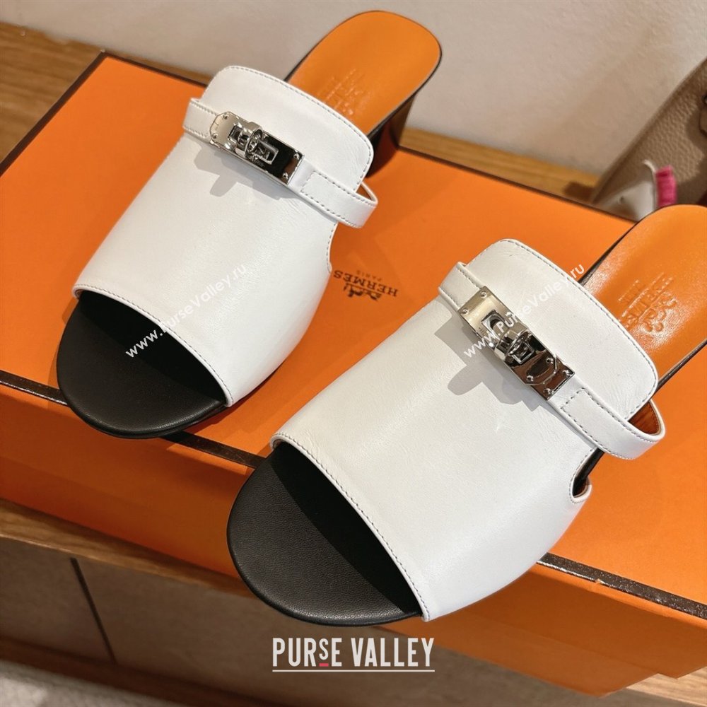Hermes Kelly Strap Low Heel Slides Sandal in Calfskin Leather White/Orange 2025 HS122201 (XC-251222123)
