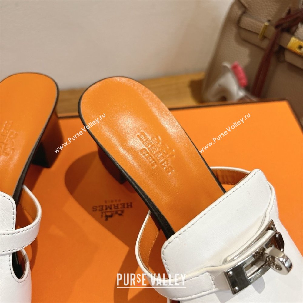 Hermes Kelly Strap Low Heel Slides Sandal in Calfskin Leather White/Orange 2025 HS122201 (XC-251222123)