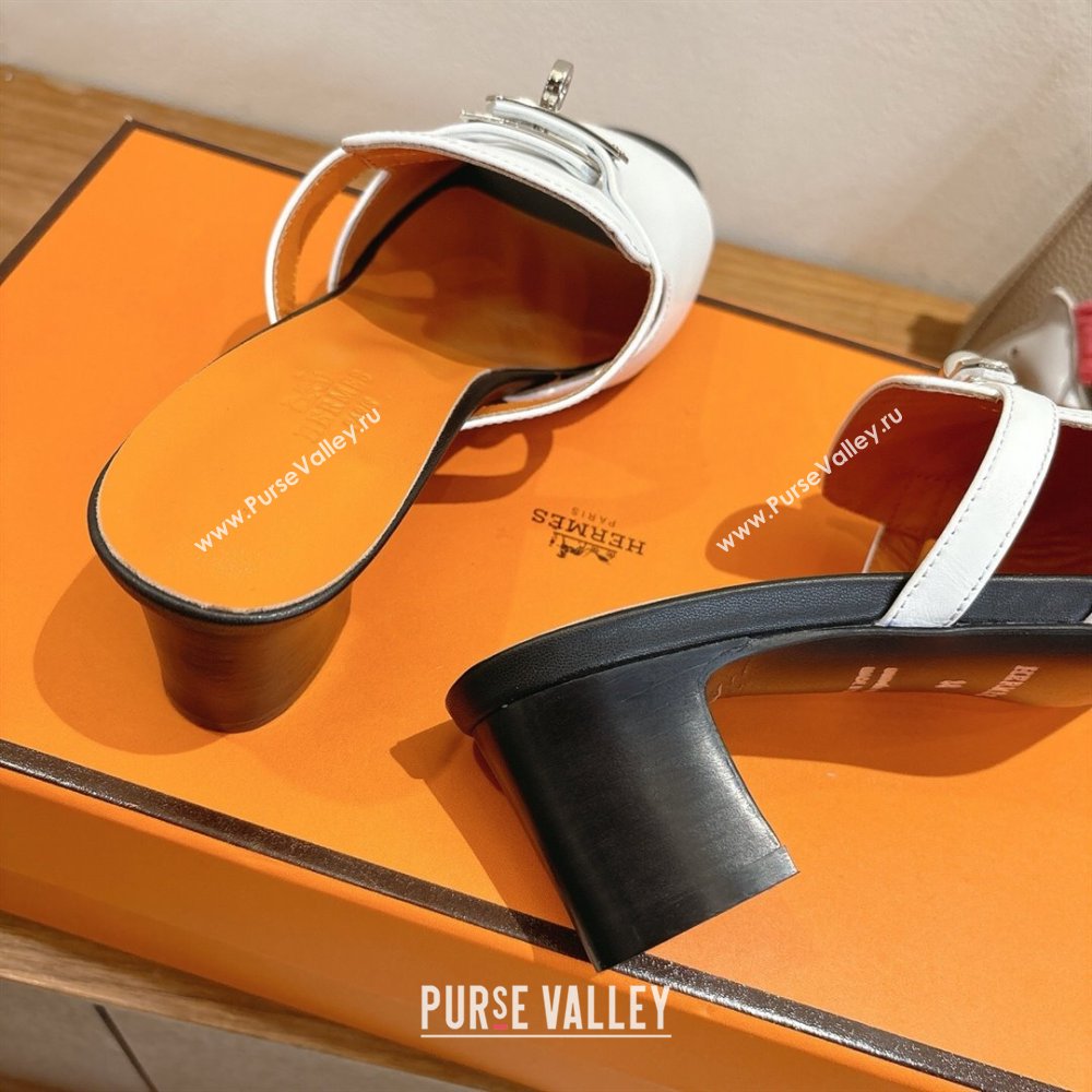 Hermes Kelly Strap Low Heel Slides Sandal in Calfskin Leather White/Orange 2025 HS122201 (XC-251222123)