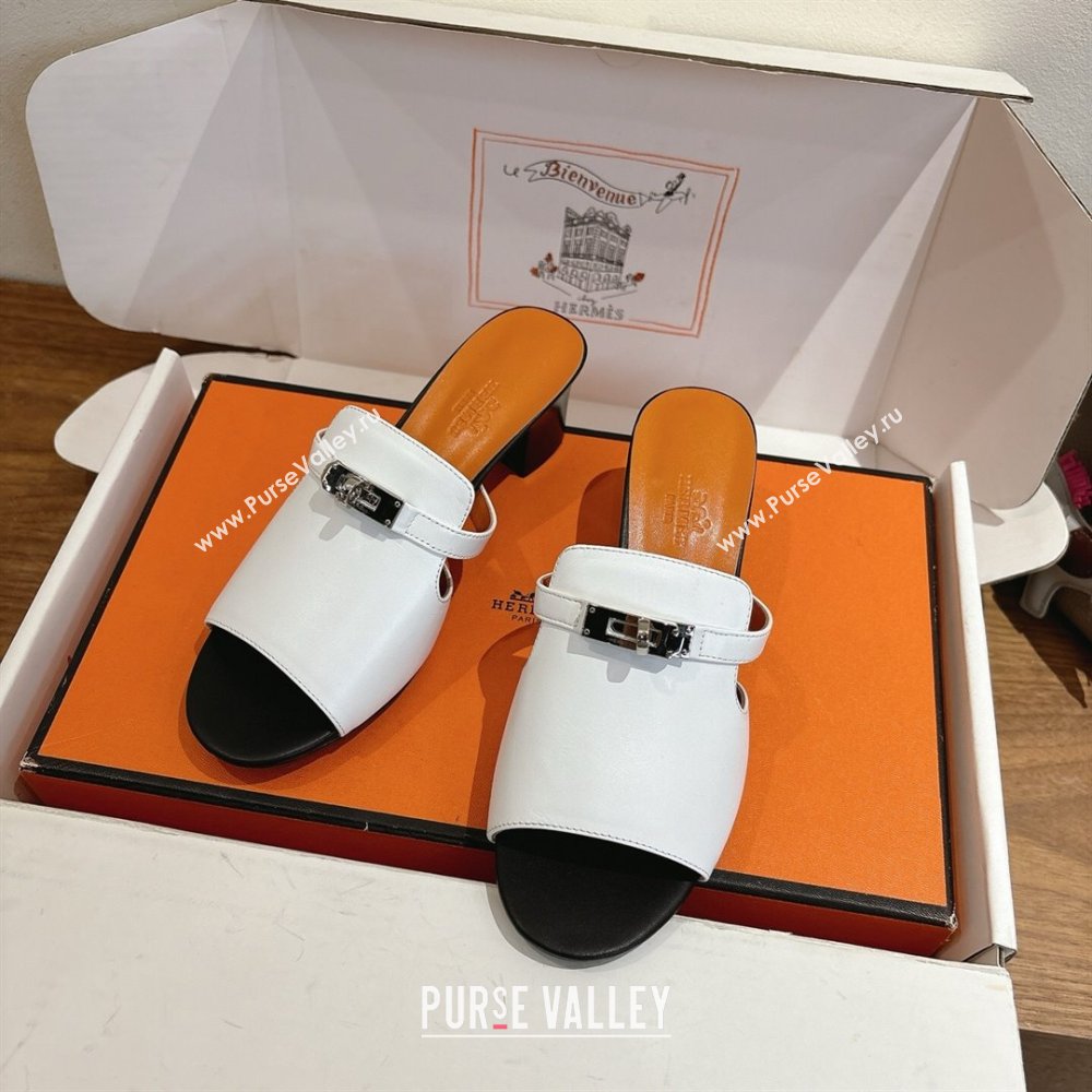 Hermes Kelly Strap Low Heel Slides Sandal in Calfskin Leather White/Orange 2025 HS122201 (XC-251222123)