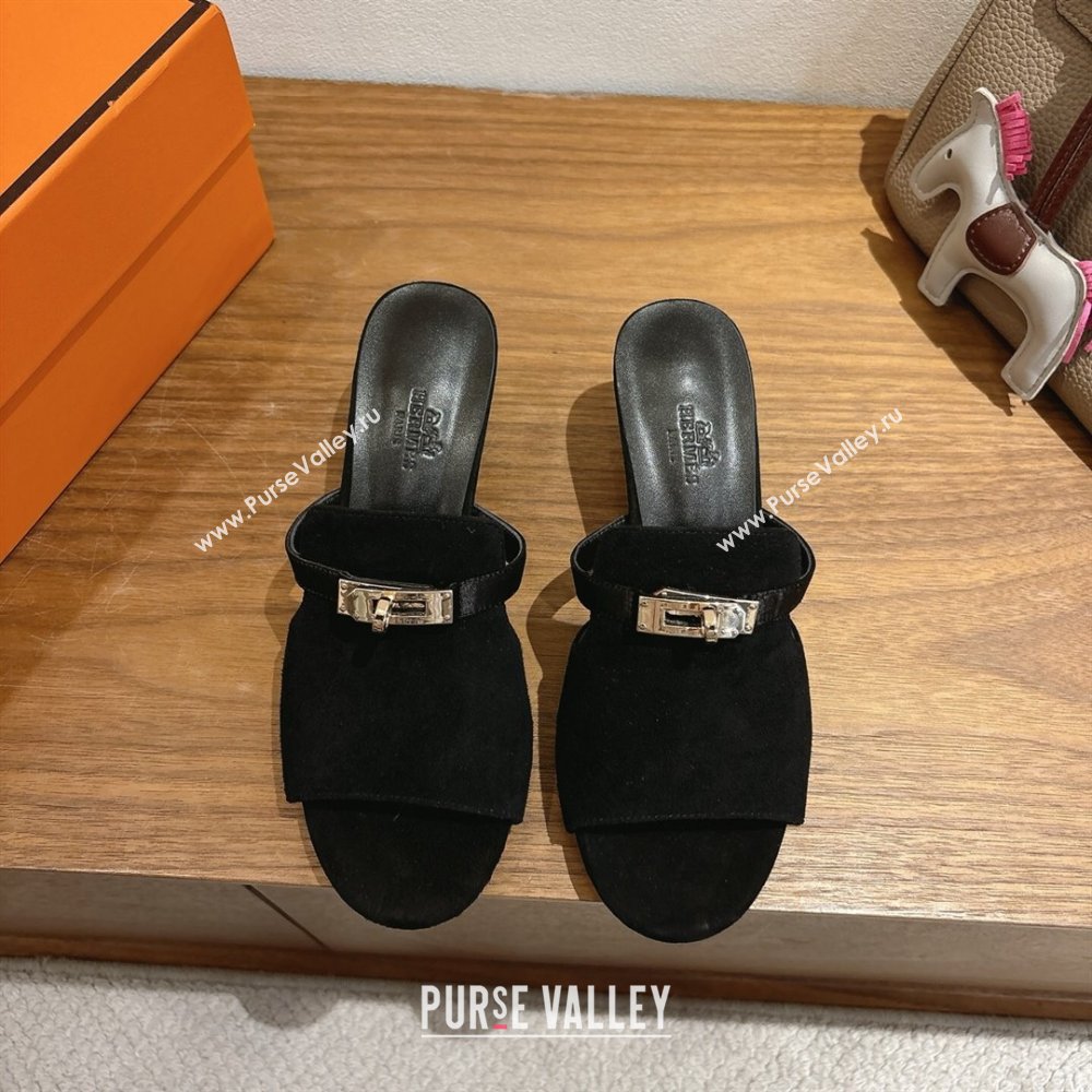 Hermes Kelly Strap Low Heel Slides Sandal in Suede Black 2025 HS122201 (XC-251222125)