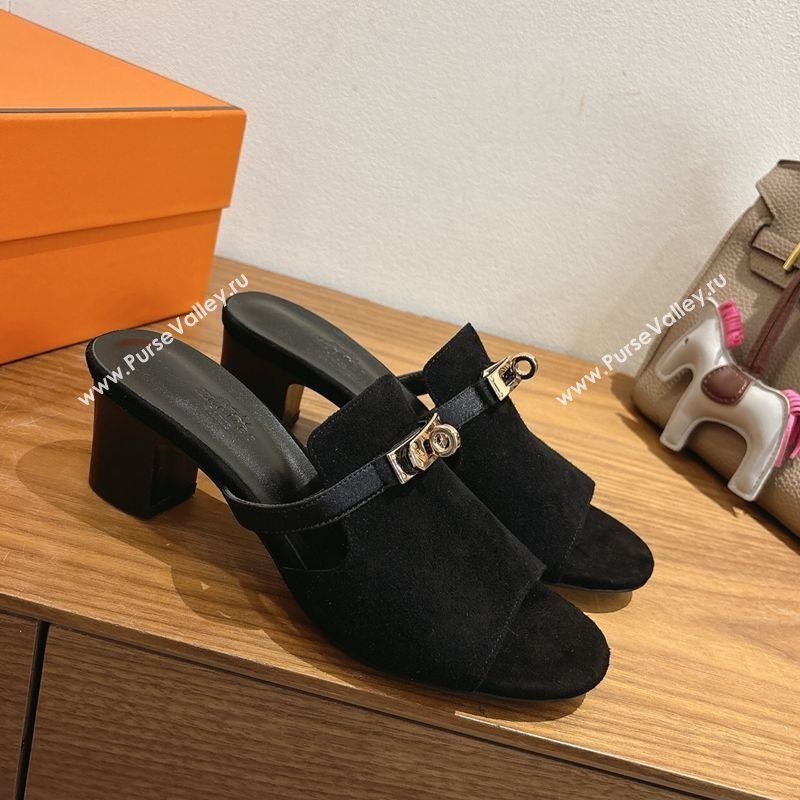 Hermes Kelly Strap Low Heel Slides Sandal in Suede Black 2025 HS122201 (XC-251222125)