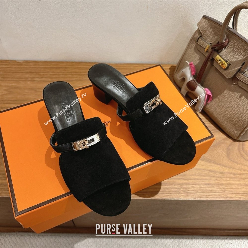 Hermes Kelly Strap Low Heel Slides Sandal in Suede Black 2025 HS122201 (XC-251222125)