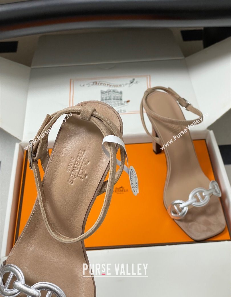 Hermes Luz Heel Sandals 10.5cm in Suede with Silver-Tone Strap Taupe 2025 (MD-251220002)