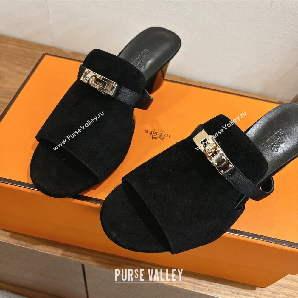 Hermes Kelly Strap Low Heel Slides Sandal in Suede Black 2025 HS122201 (XC-251222125)