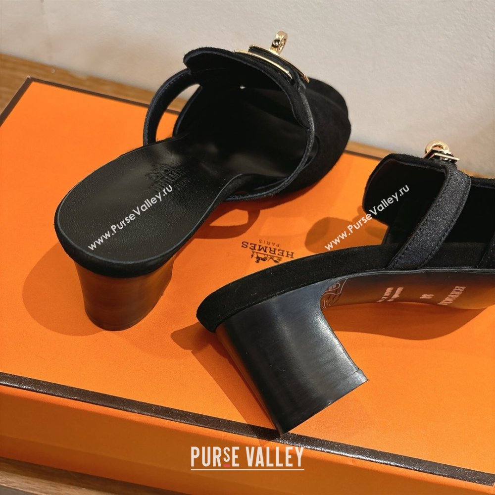 Hermes Kelly Strap Low Heel Slides Sandal in Suede Black 2025 HS122201 (XC-251222125)