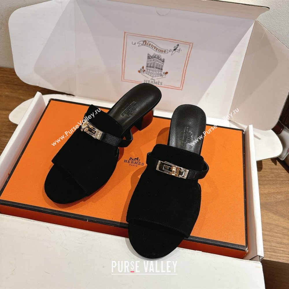 Hermes Kelly Strap Low Heel Slides Sandal in Suede Black 2025 HS122201 (XC-251222125)