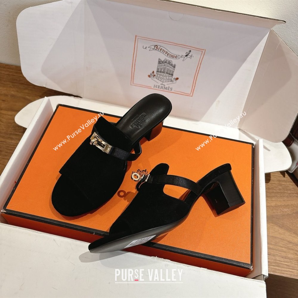 Hermes Kelly Strap Low Heel Slides Sandal in Suede Black 2025 HS122201 (XC-251222125)