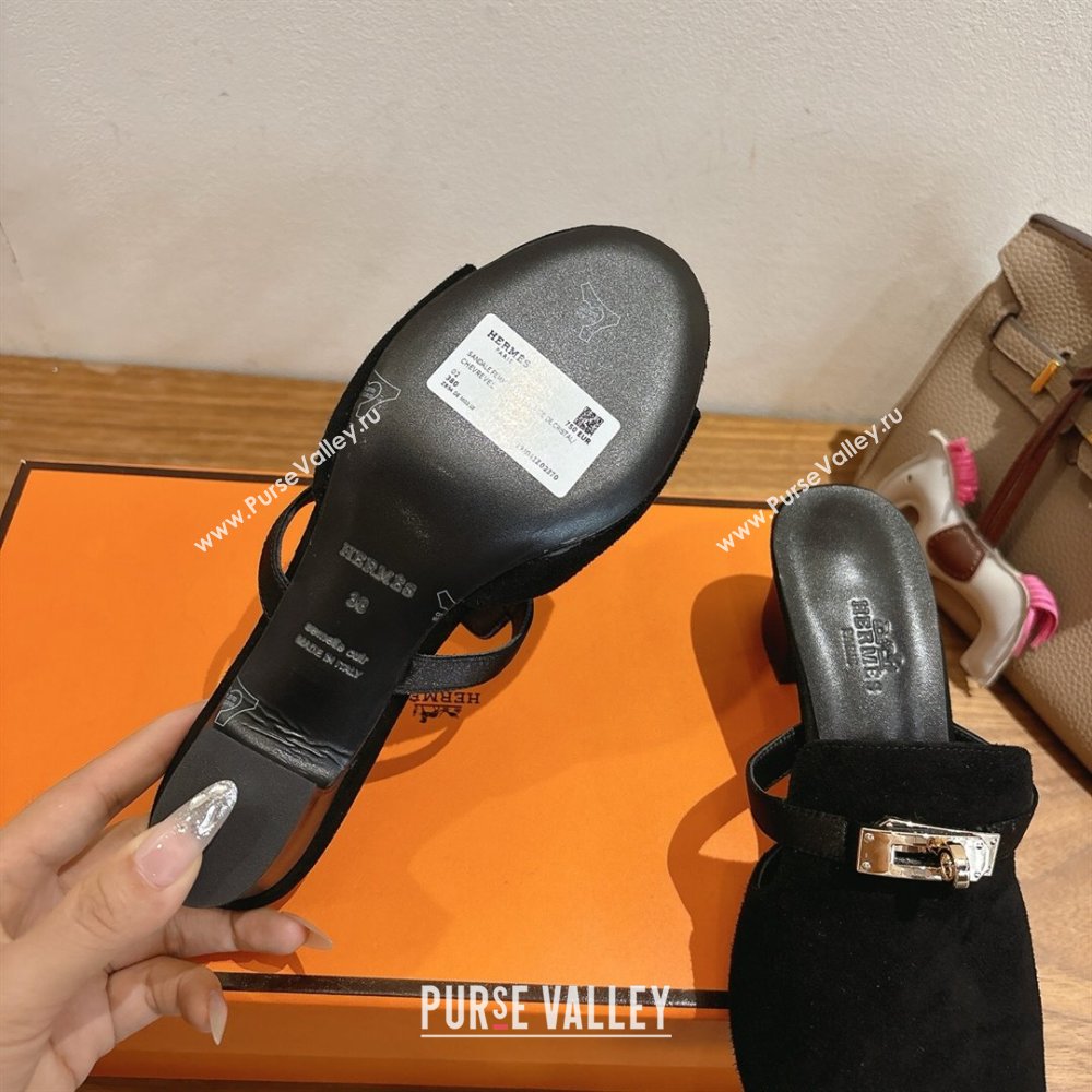 Hermes Kelly Strap Low Heel Slides Sandal in Suede Black 2025 HS122201 (XC-251222125)
