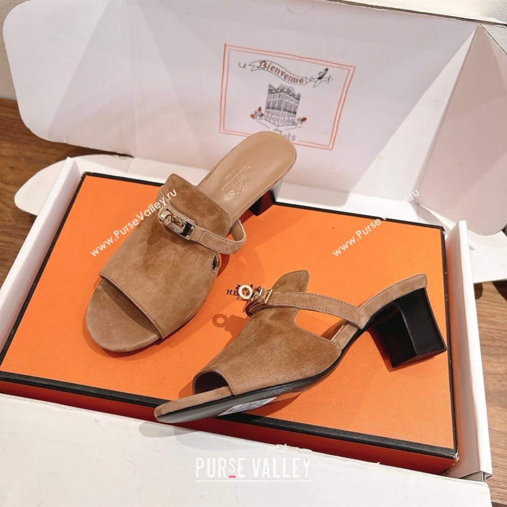 Hermes Kelly Strap Low Heel Slides Sandal in Suede Light Brown 2025 HS122201 (XC-251222126)