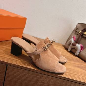 Hermes Kelly Strap Low Heel Slides Sandal in Suede Light Brown 2025 HS122201 (XC-251222126)