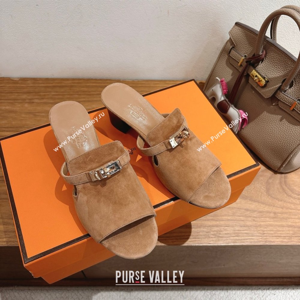 Hermes Kelly Strap Low Heel Slides Sandal in Suede Light Brown 2025 HS122201 (XC-251222126)